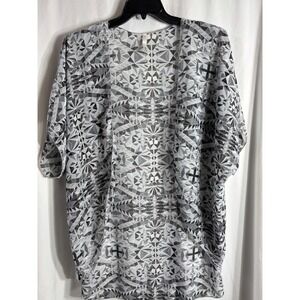 Rush Geometric Print Kimono Cardigan Sheer Lightweight Duster Black White Gray L